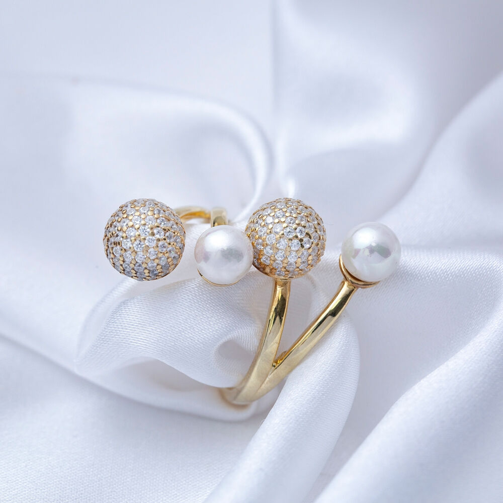 Dainty Pearl Design Adjustable Ring Ball Design Cz Stone 925 Sterling Silver Jewelry