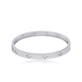 6x5 cm Oval Shape Star Design Shiny Zircon Stone Woman Handcuff Bangles 925 Sterling Silver Jewelry