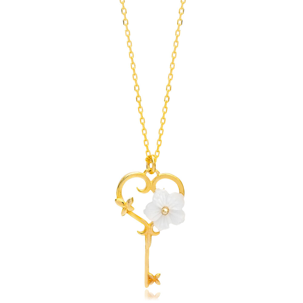 Key Heart Shape Flower Design Summer 925 Sterling Silver Jewelry Handmade Charm Necklace