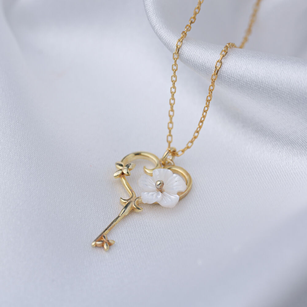 Key Heart Shape Flower Design Summer 925 Sterling Silver Jewelry Handmade Charm Necklace