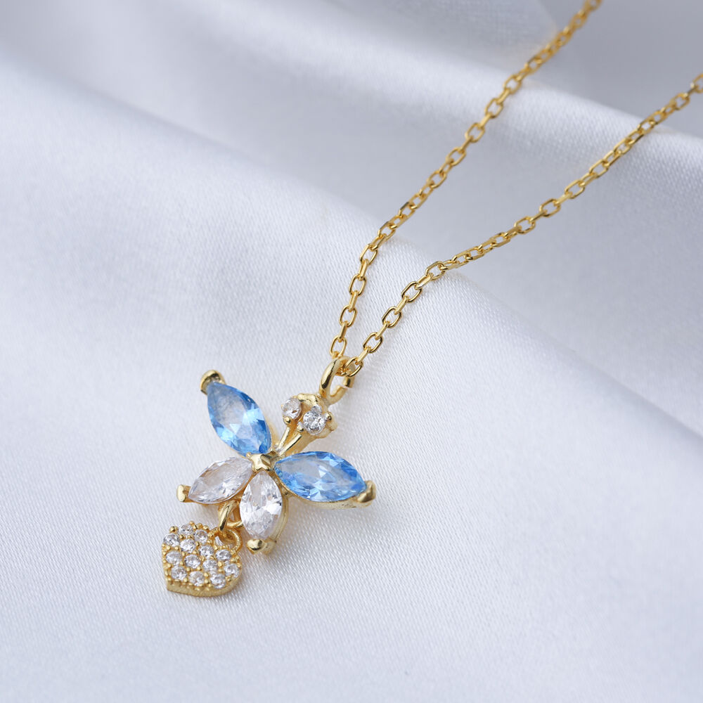 Aquamarine CZ Stone Marquise Cut Summer Charm Necklace with Tiny Heart 925 Sterling Silver Jewelry Handmade Pendant