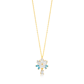 Flower Design Aquamarine CZ Stone Charm Pendant 925 Sterling Silver Jewelry Handmade Wholesale Turkish Necklace