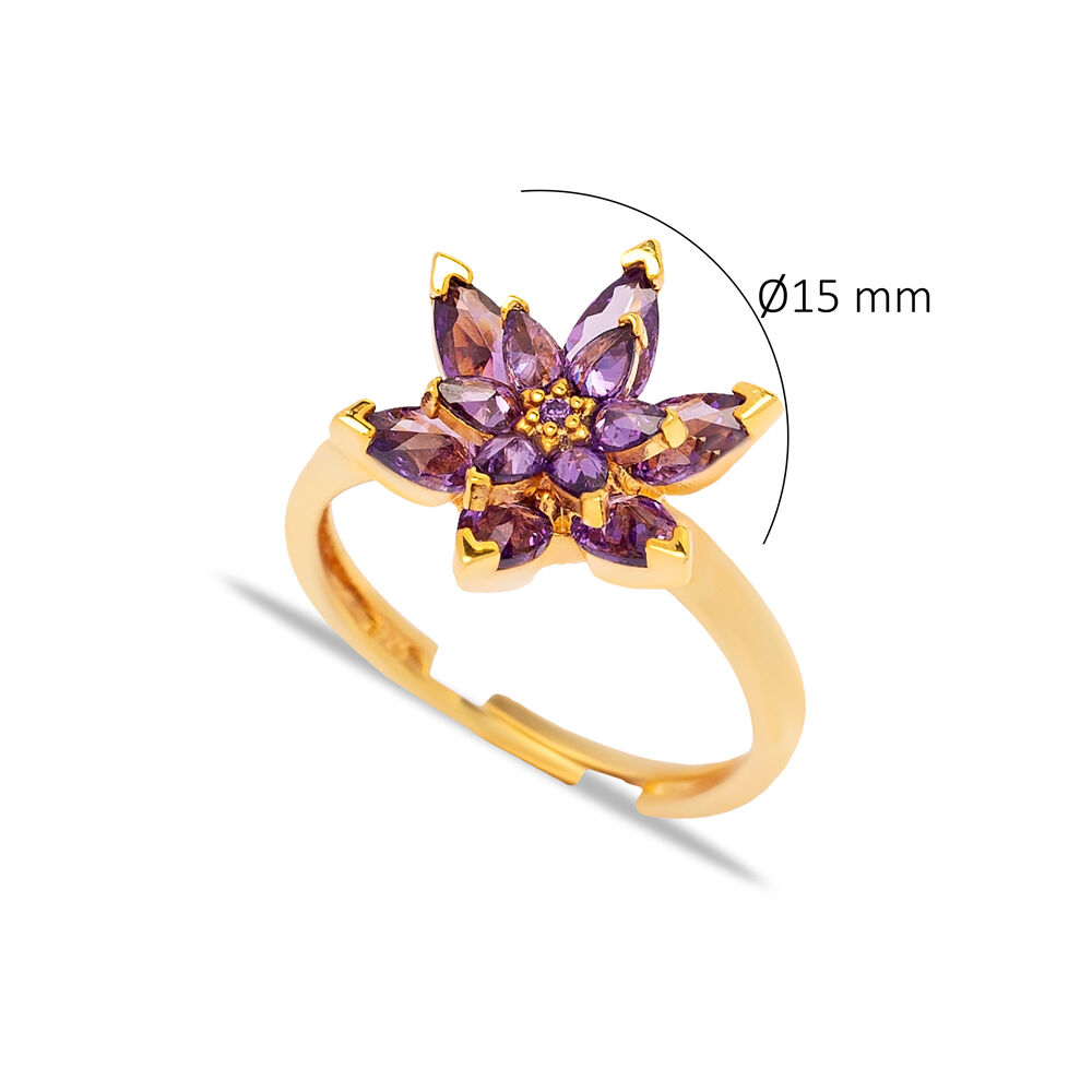 Amethyst CZ Stone Flower Design Wholesale 925 Sterling Silver Jewelry Adjustable Cluster Ring