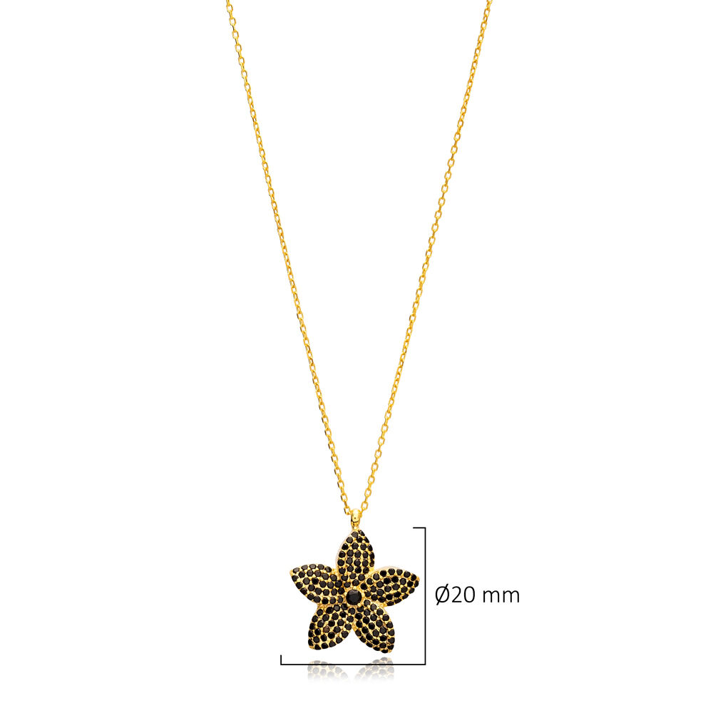 Black CZ Stone Flower Design Cute Charm Pendant Wholesale 925 Sterling Silver Necklace
