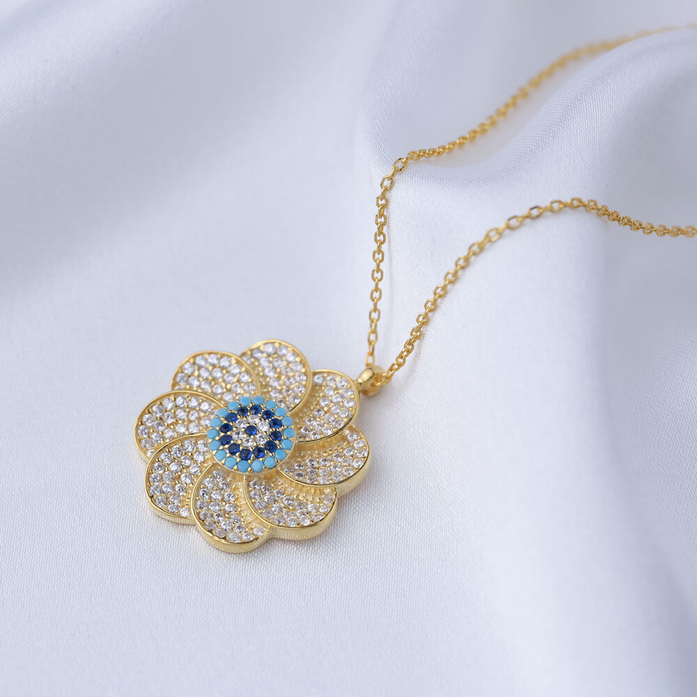 Evil Eye Turkish CZ Stone Flower Popular Charm Pendant Wholesale 925 Sterling Silver Necklace