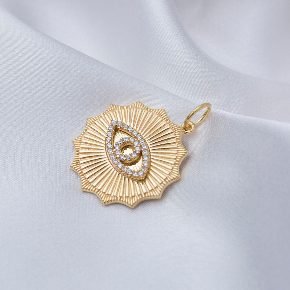 CZ Stone Evil Eye Shape Round Design Charm Turkish Handcraft Jewelry 925 Sterling Silver Pendant