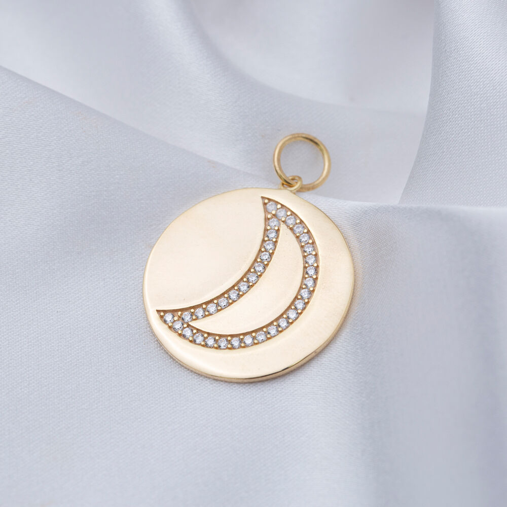 Moon Design Round Charm CZ Stone Charm 925 Sterling Silver Turkish Handcraft Jewelry Pendant