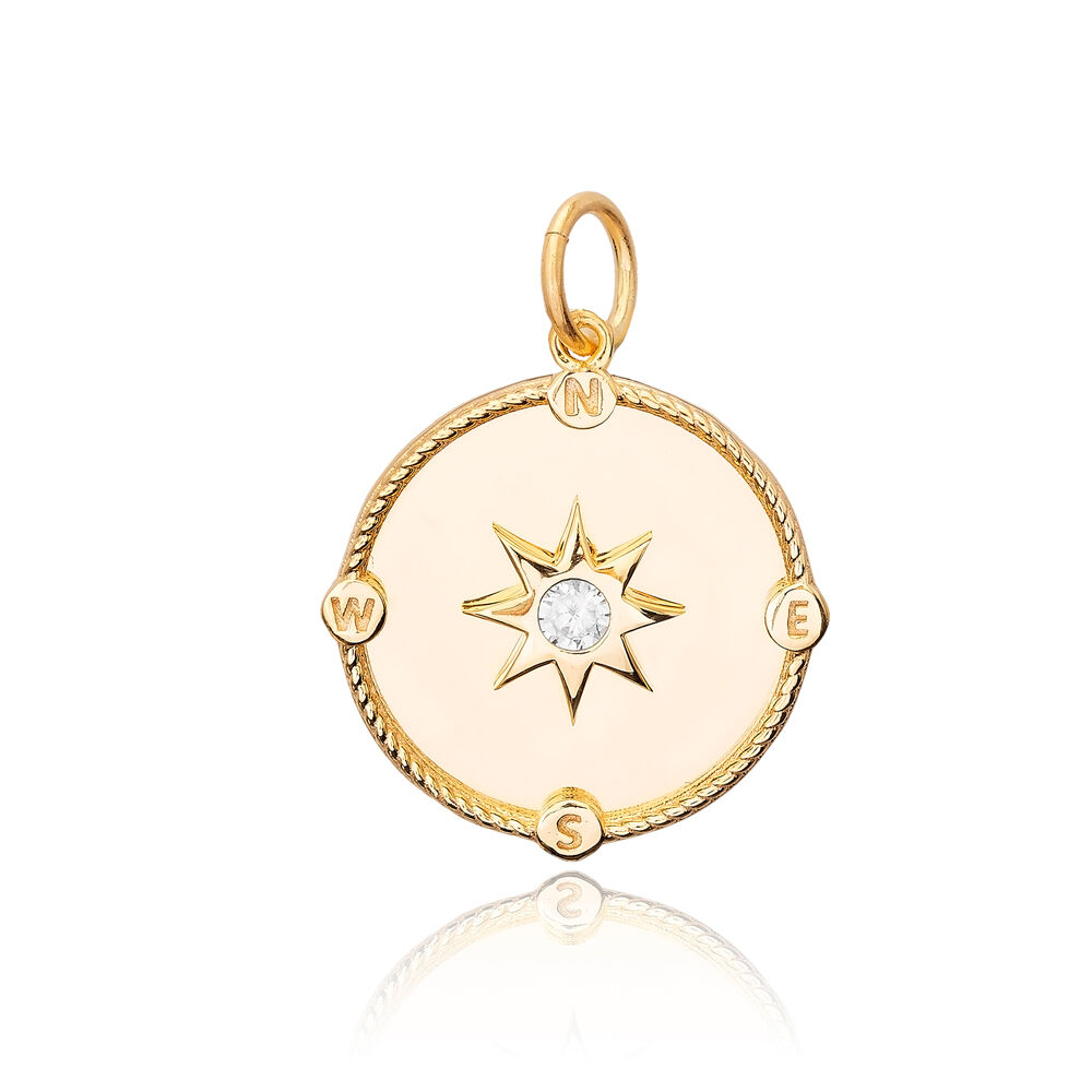 Compass Design Round Charm North Star CZ Stone 925 Sterling Silver Turkish Handmade Jewelry Pendant