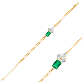 Emerald CZ Stone Baguette Geometric Design Charm Bracelet 925 Sterling Silver Jewelry