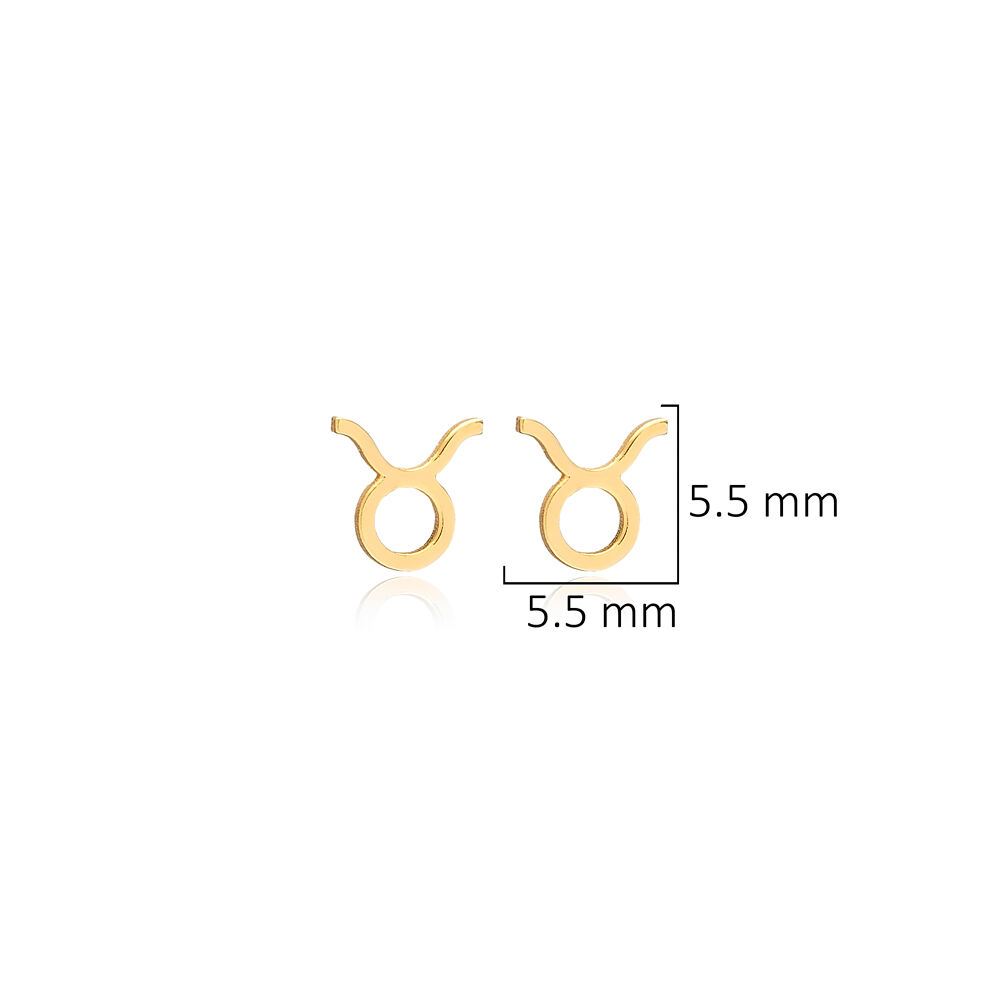 Pair of Taurus Zodiac Stud Earrings Minimalist Design Jewelry 925 Sterling Silver Turkish Handcraft