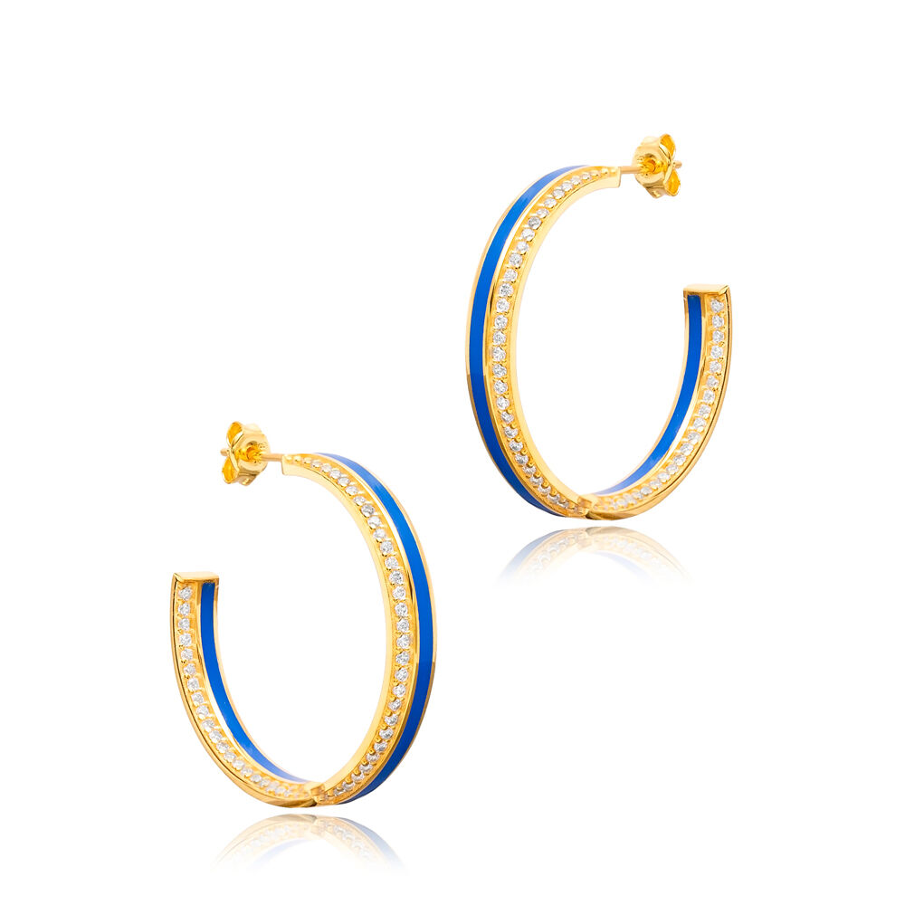 Dark Blue Color Enamel Clear CZ Stone Hoop Earrings Turkish Handcrafted 925 Silver Sterling Jewelry