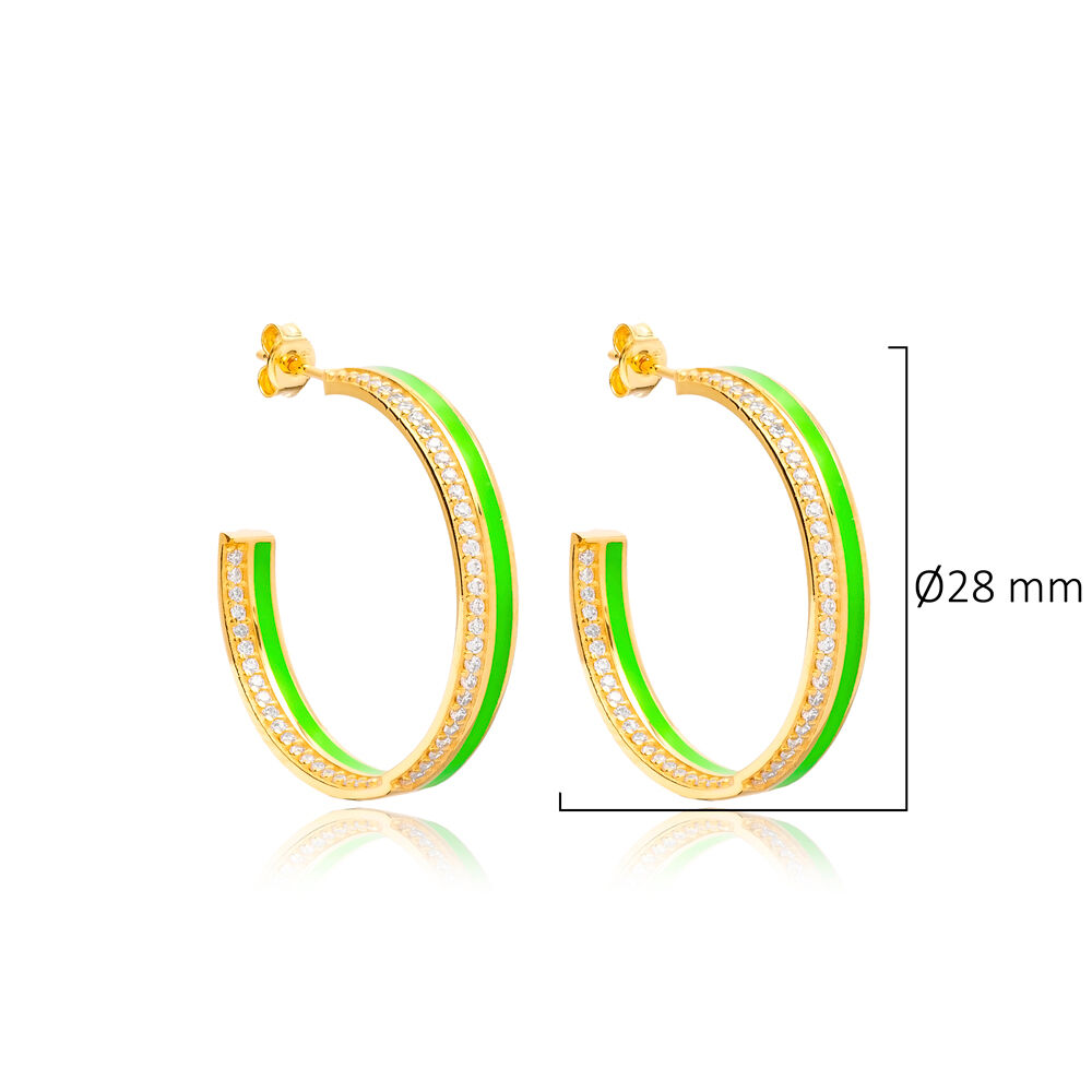 Green Color Enamel Clear CZ Stone Hoop Earrings Turkish Handcrafted 925 Silver Sterling Jewelry