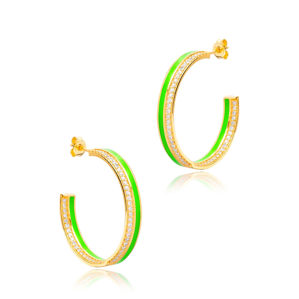 Green Color Enamel Clear CZ Stone Hoop Earrings Turkish Handcrafted 925 Silver Sterling Jewelry