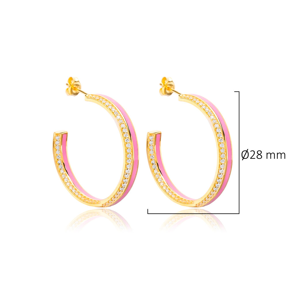 Pink Enamel Clear CZ Stone Turkish Handcrafted 925 Silver Sterling Jewelry Hoop Earrings
