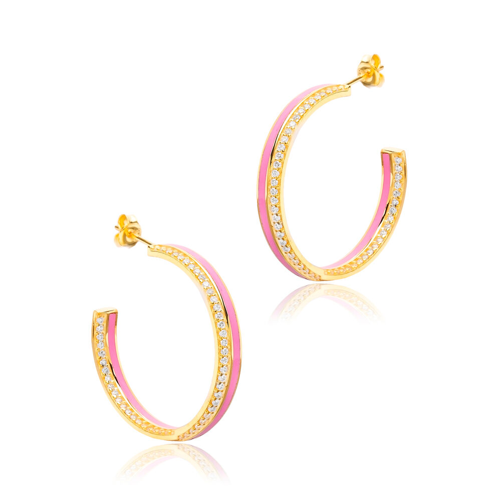 Pink Enamel Clear CZ Stone Turkish Handcrafted 925 Silver Sterling Jewelry Hoop Earrings