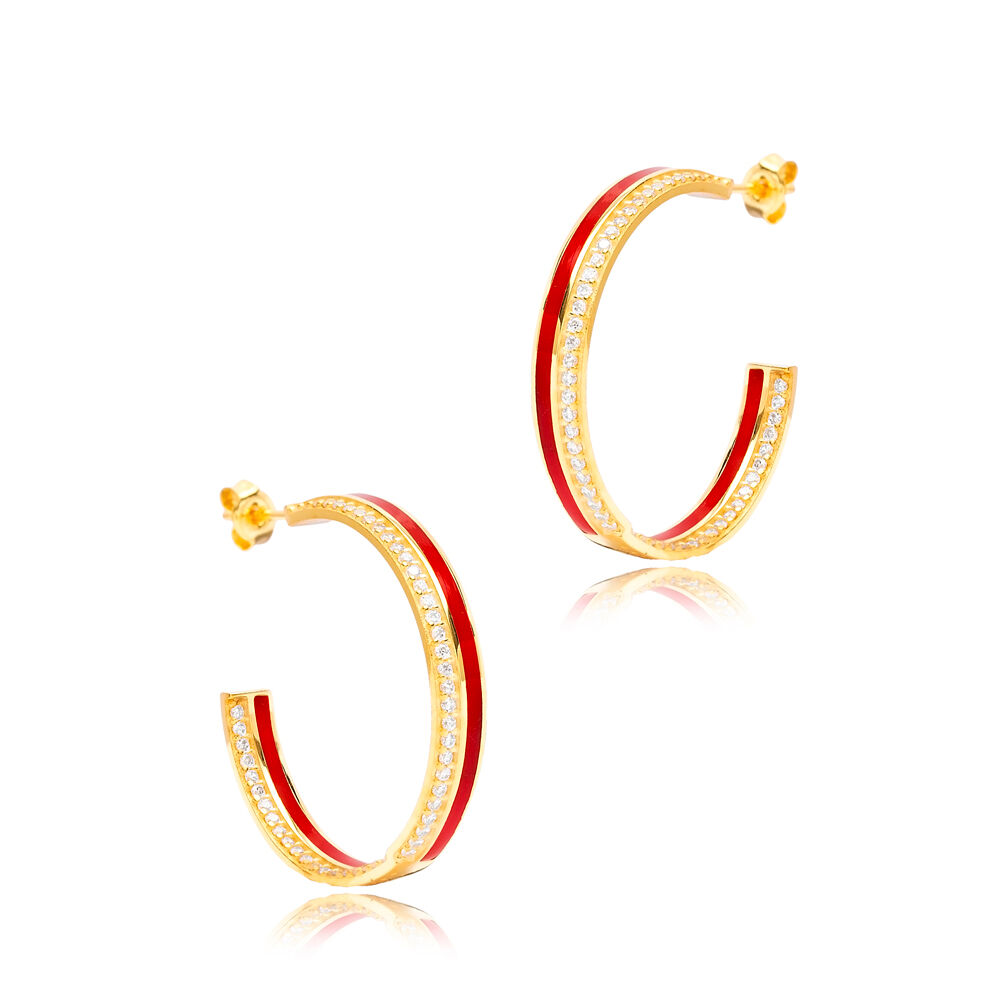 Red Enamel Clear CZ Stone Hoop Earrings Turkish Handmade Wholesale 925 Silver Sterling Jewelry
