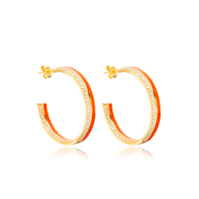 Orange Color Enamel Clear CZ Stone Hoop Earrings Turkish Handcrafted 925 Silver Sterling Jewelry