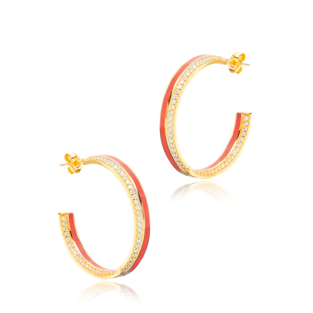 Dark Pink Enamel Clear CZ Stone Hoop Earrings Turkish Handcrafted 925 Silver Sterling Jewelry
