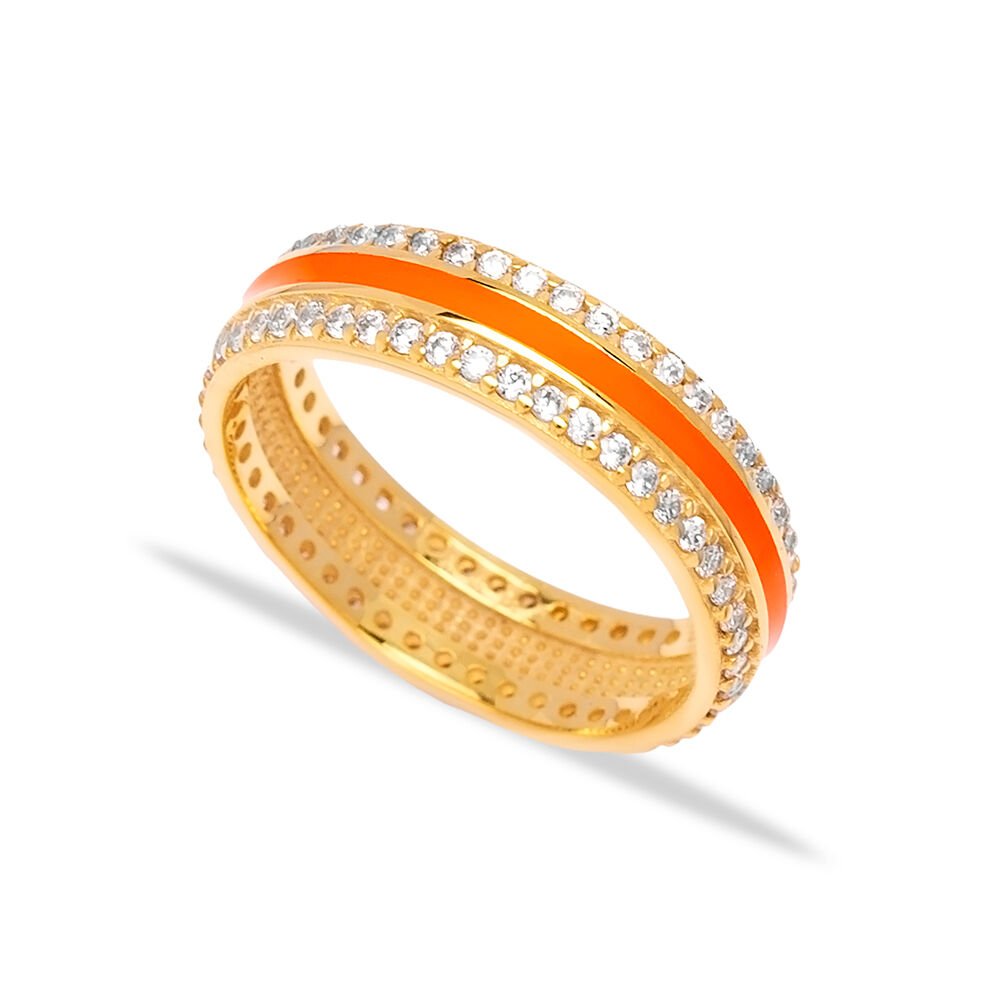 Orange Color Enamel White CZ Stone Cluster Ring Handmade Wholesale 925 Sterling Silver Jewelry