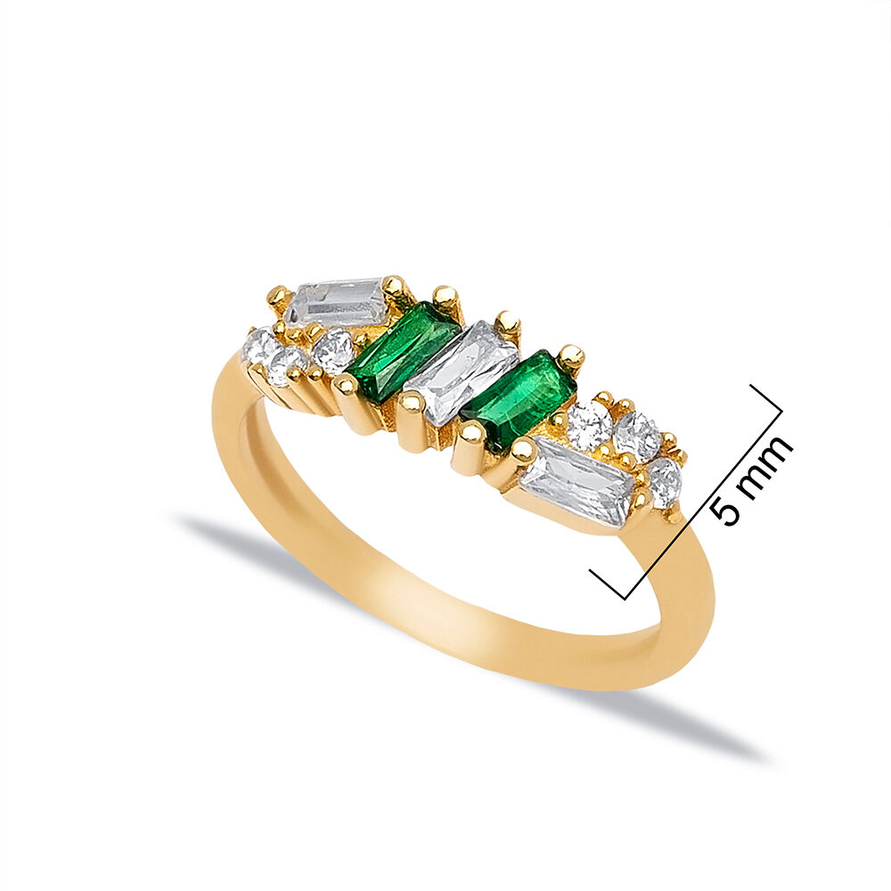 Emerald CZ Stone Shiny Baguette Design Cluster Rings Turkish Handcrafted Jewelry 925 Sterling Silver