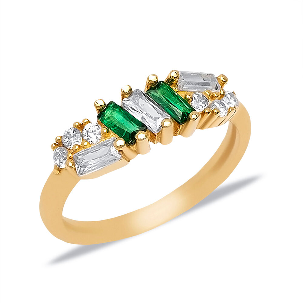 Emerald CZ Stone Shiny Baguette Design Cluster Rings Turkish Handcrafted Jewelry 925 Sterling Silver