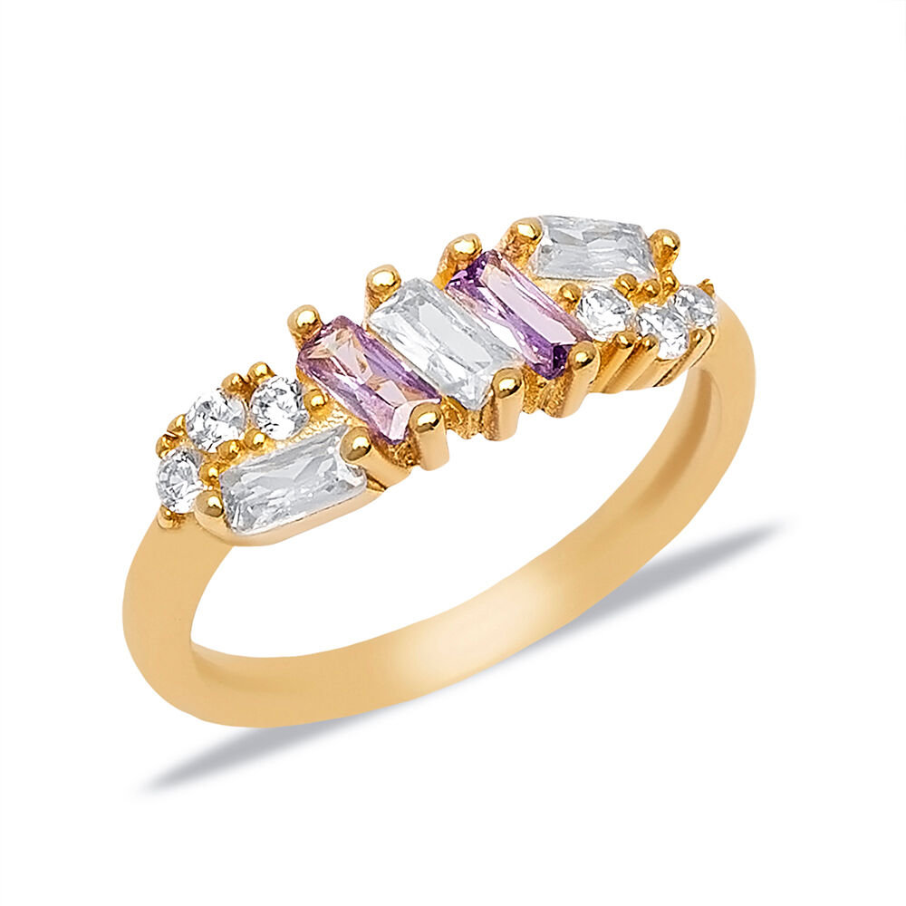 CZ Stone Amethyst Baquette Design Cluster Rings Jewelry 925 Silver Turkish Handcrafted Wholesale