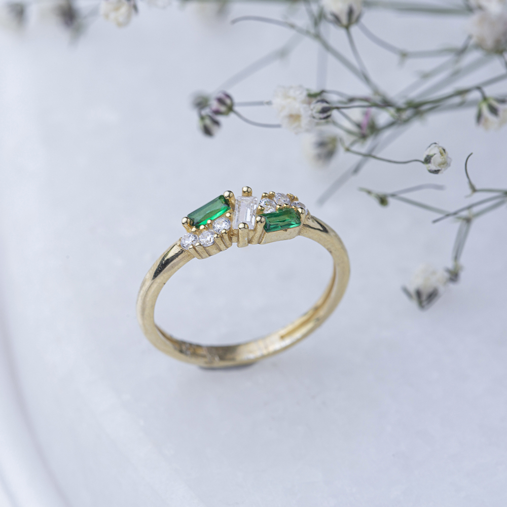Emerald CZ Stone Baguette Cut Trendy Fashion Handcrafted Cluster Rings Jewelry 925 Silver