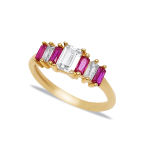 Minimal Design Rubby CZ Stone Baguette Cut Cluster Rings Women Jewelry Turkish Wholsale 925 Silver