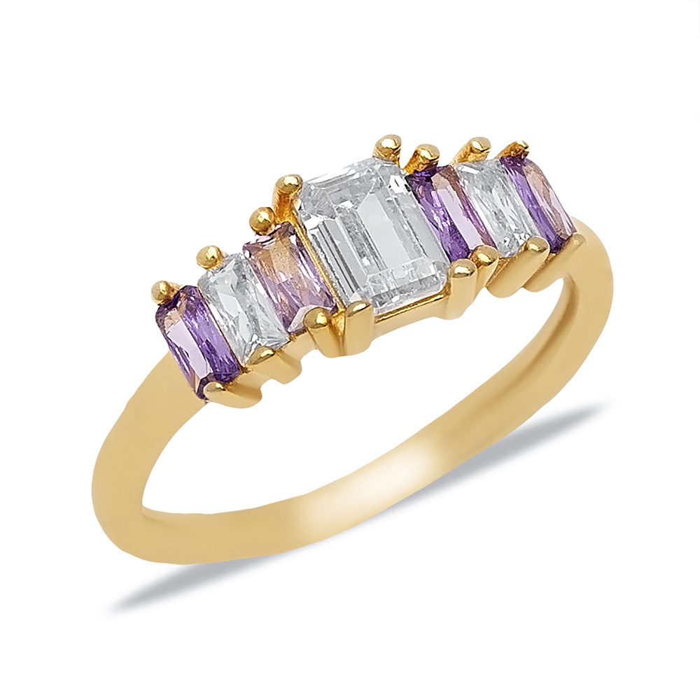 Amethyst CZ Stone Cluster Rings Baguette Design Minimalist Handcraft Jewelry 925 Sterling Silver