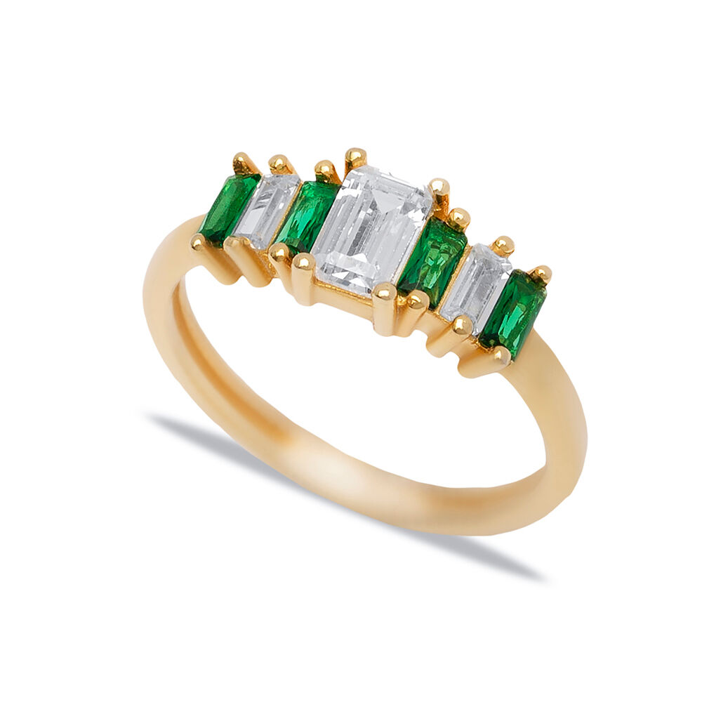 Emerald CZ Stone Minimalist Design Baguette Trendy Cluster Rings 925 Sterling Silver Jewelry