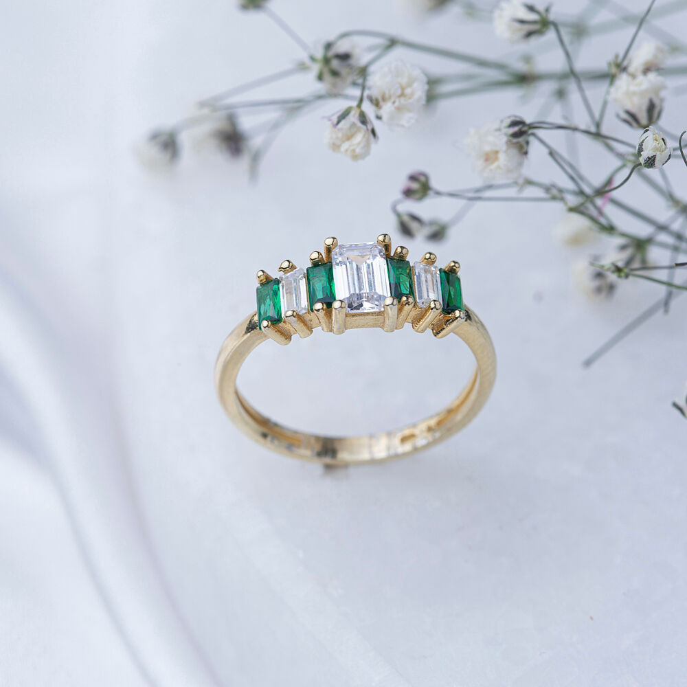 Emerald CZ Stone Minimalist Design Baguette Trendy Cluster Rings 925 Sterling Silver Jewelry