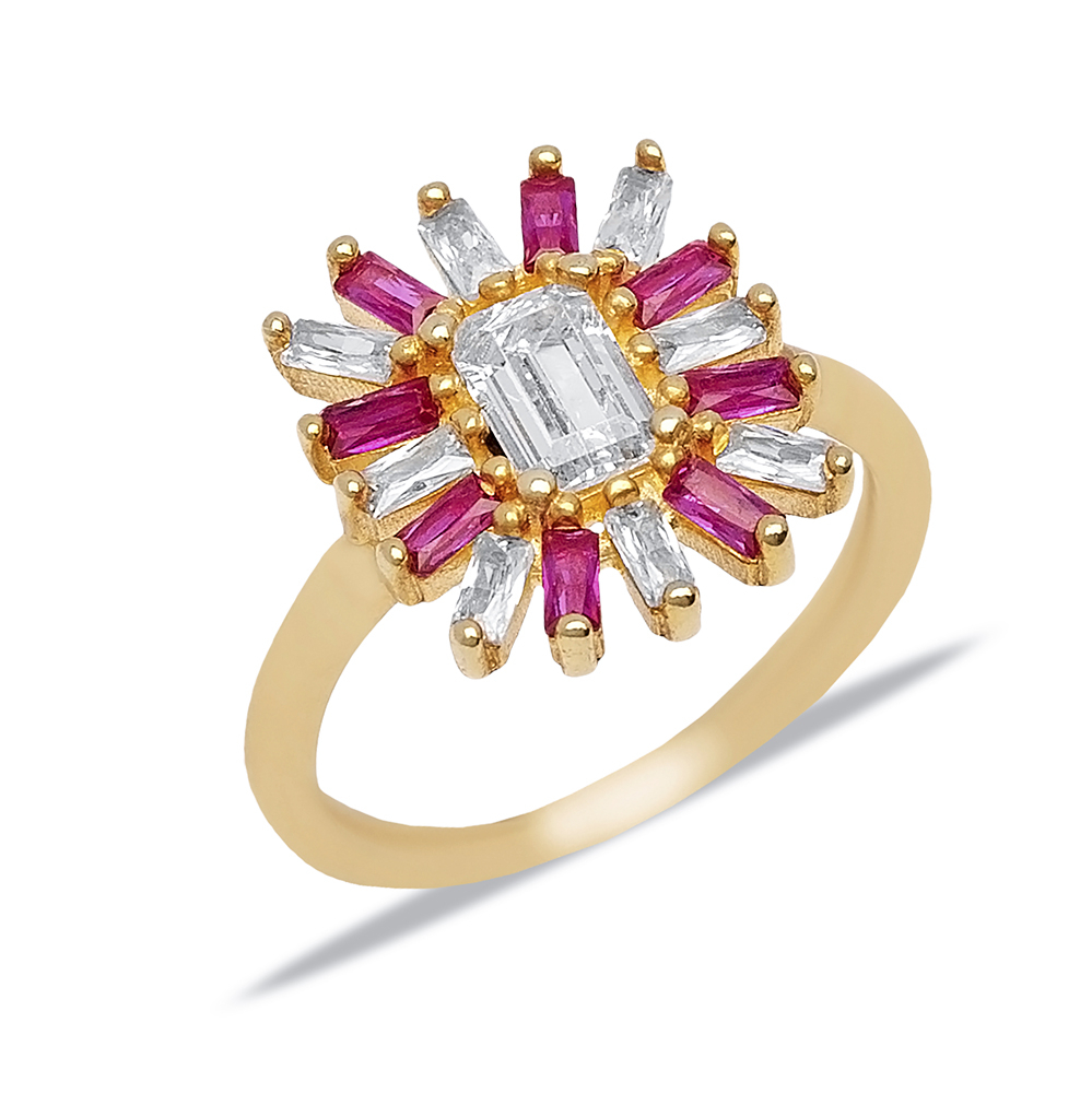 Rectangle CZ Stone Flower Design Ruby Baquette Cluster Ring Trendy Women Jewelry Turkish 925 Silver