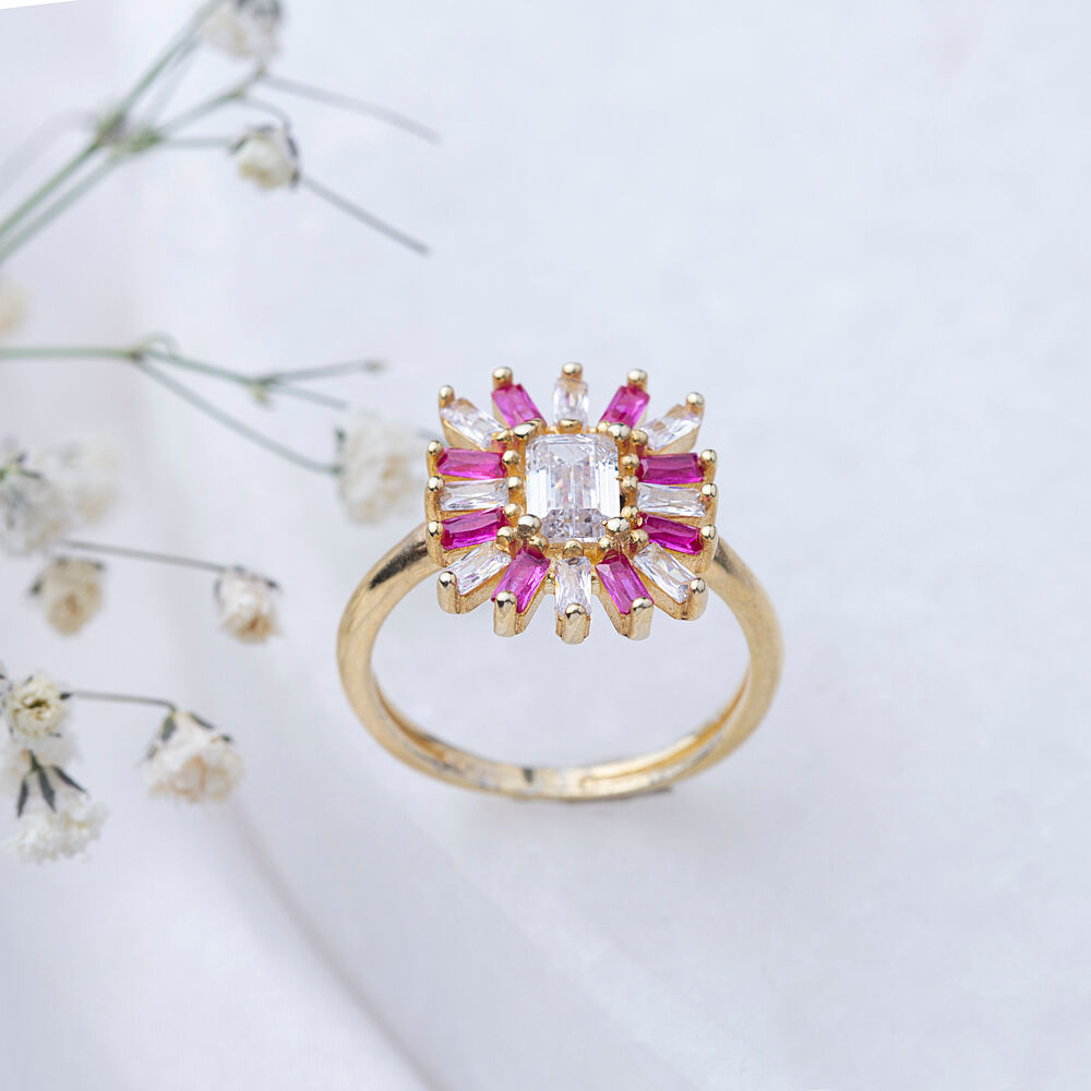 Rectangle CZ Stone Flower Design Ruby Baquette Cluster Ring Trendy Women Jewelry Turkish 925 Silver