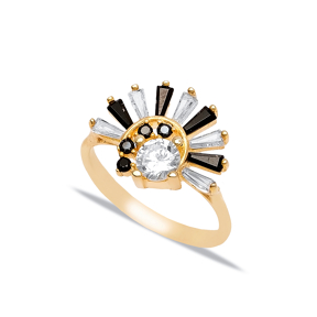Black Baqutte Round Shape CZ Stone Half Round Design Cluster Ring 925 Silver Turkish Jewelry
