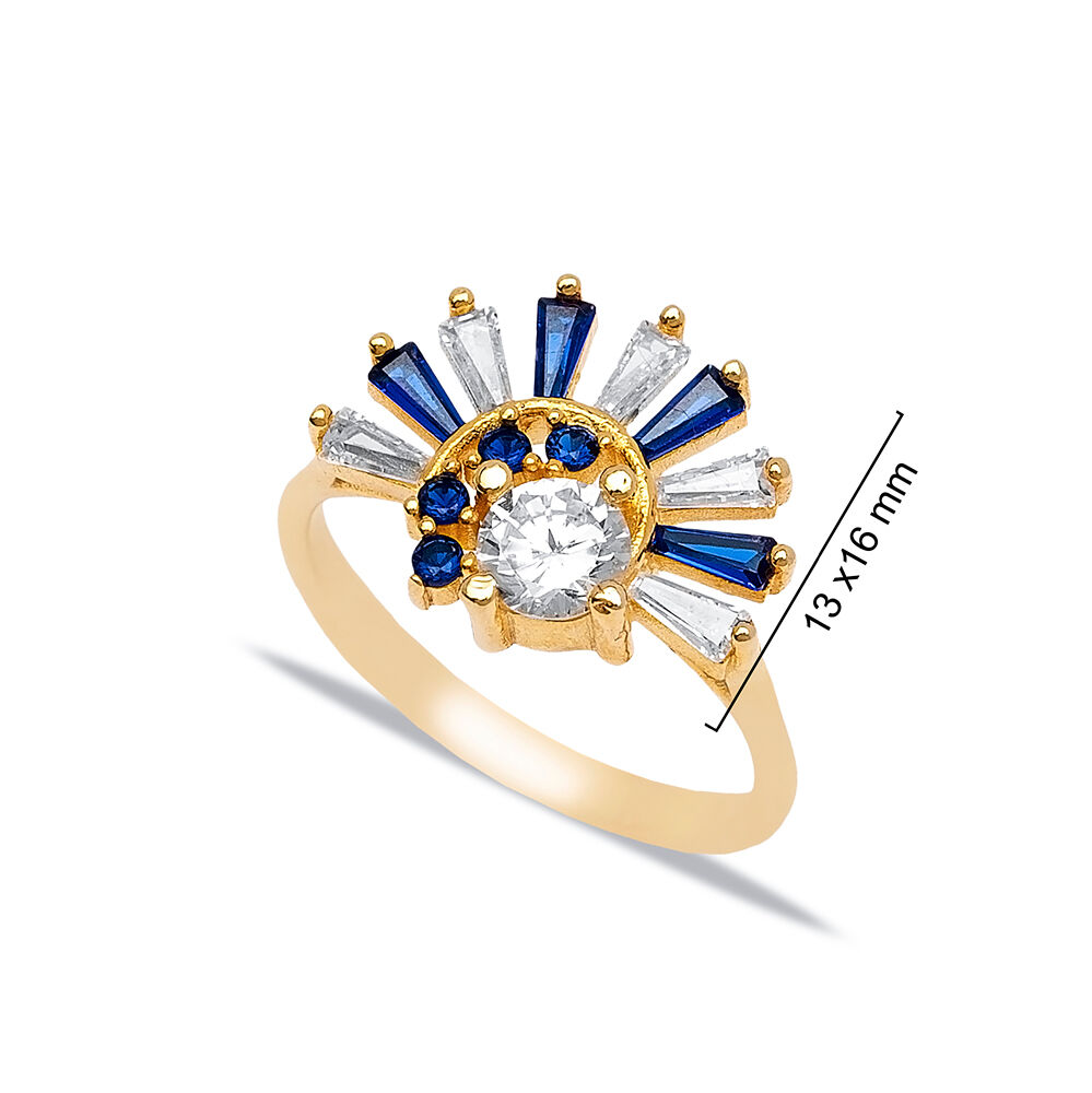 Sapphire Baqutte Round Shape CZ Stone Half Round Design Cluster Ring 925 Silver Turkish Jewelry