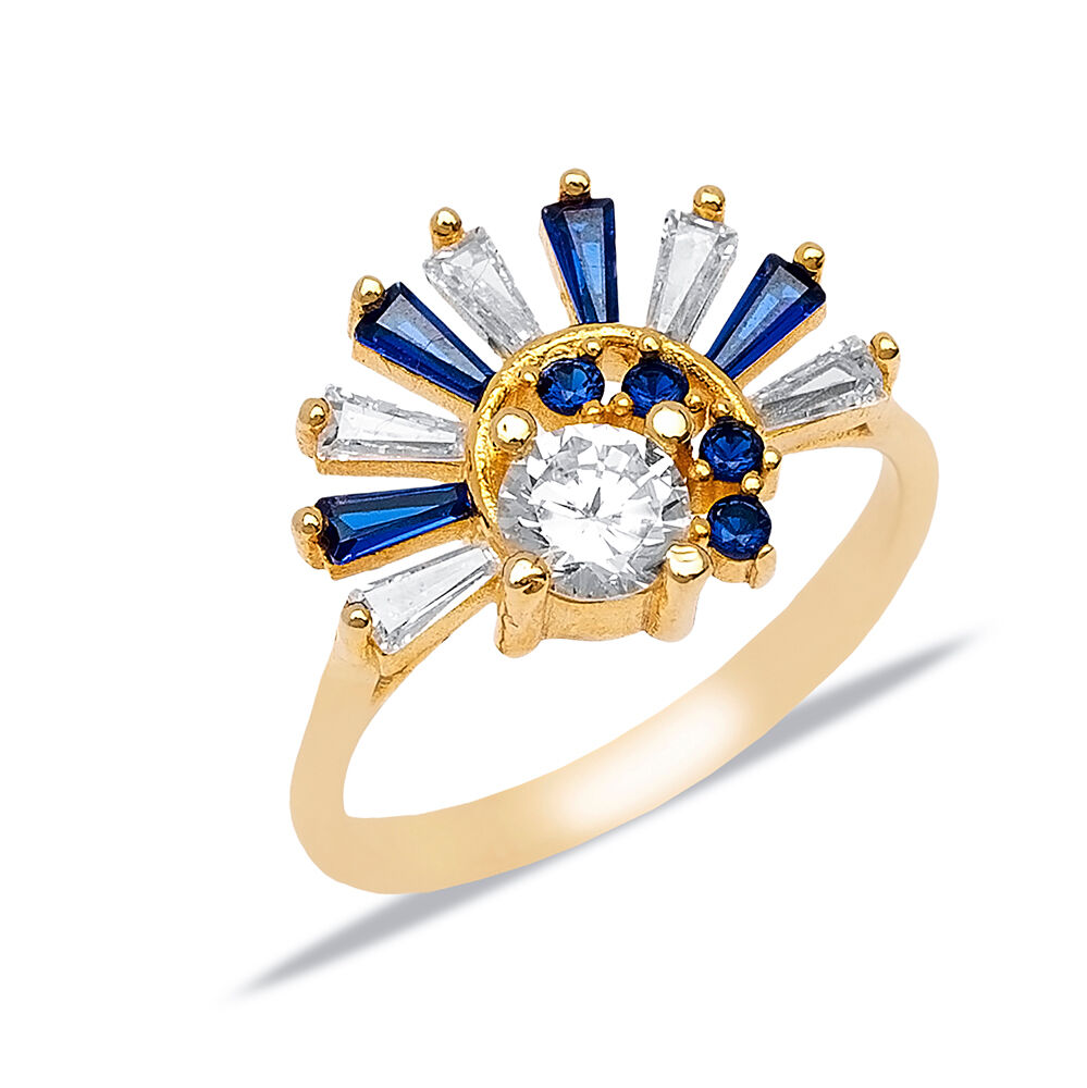 Sapphire Baqutte Round Shape CZ Stone Half Round Design Cluster Ring 925 Silver Turkish Jewelry