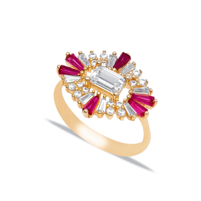 Rectangle Shape CZ Stone Ruby Baguette Vintage Design Cluster Ring 925 Silver Turkish Jewelry