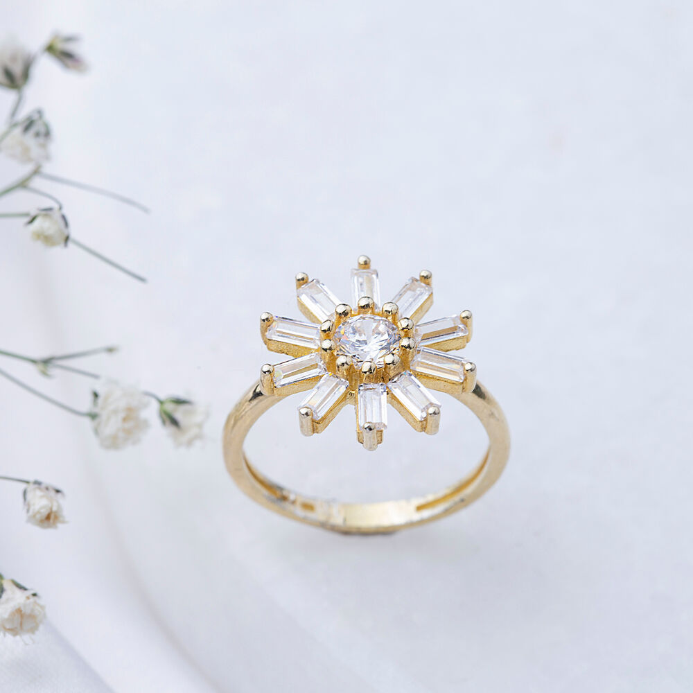 Round Shape CZ Stone Flower Design Baguette Shiny Cluster Ring 925 Silver Wholesale Women Jewelry