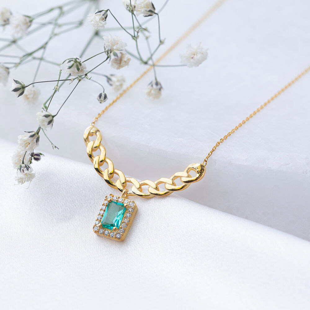 Paraiba CZ Stone Round Shape Design Charm Necklace 925 Sİlver Wholesale Turkish Jewelry