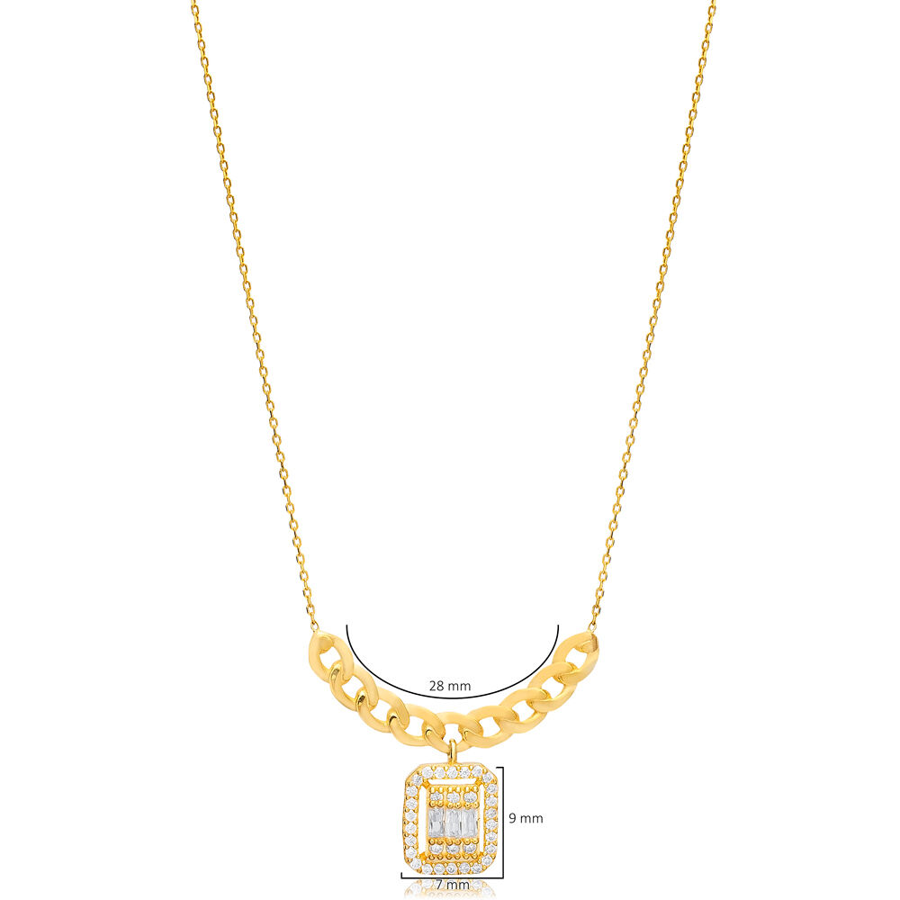 Shiny Rectangle Shape CZ Stone Charm Necklace Wholesale Turkish 925 Silver Jewelry Women Pendant
