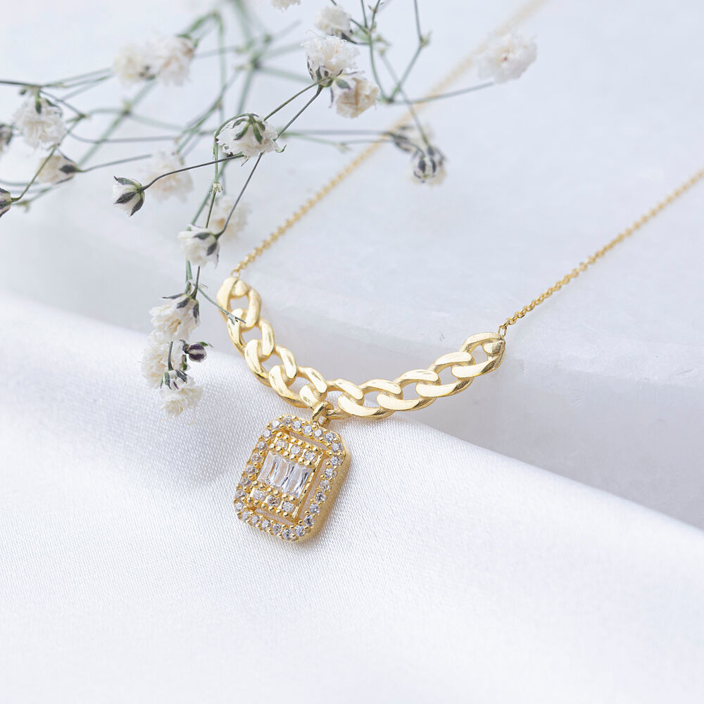 Shiny Rectangle Shape CZ Stone Charm Necklace Wholesale Turkish 925 Silver Jewelry Women Pendant