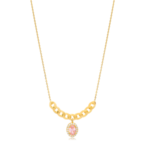 Pink Quartz CZ Stone Oval Shape Wholesale Charm Necklace Turkish Pendant 925 Silver Jewelry