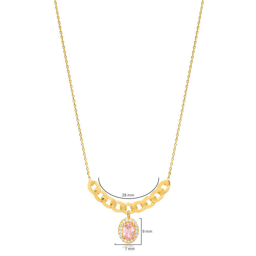 Pink Quartz CZ Stone Oval Shape Wholesale Charm Necklace Turkish Pendant 925 Silver Jewelry