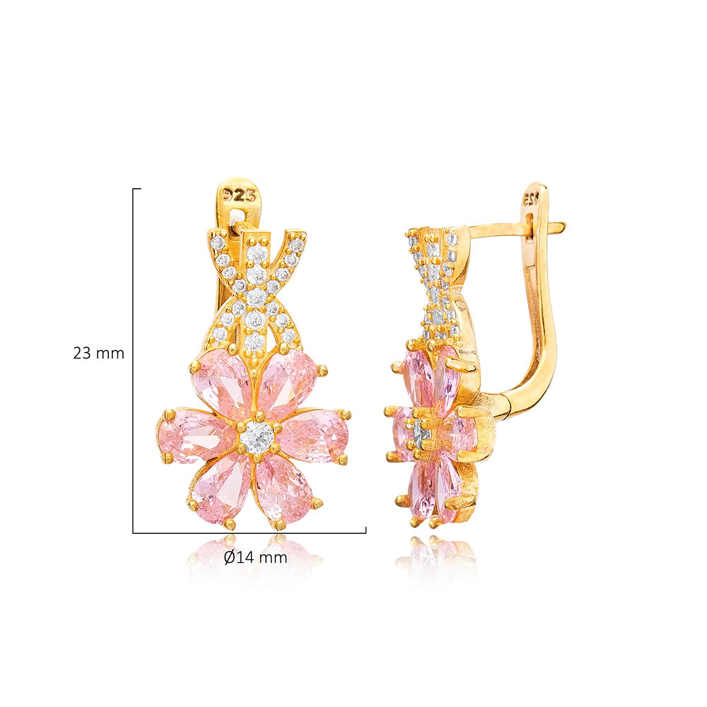 Pink Quartz CZ Stone Flower Design Dangle Earring 925 Silver Turkish Wholesale Jewelry