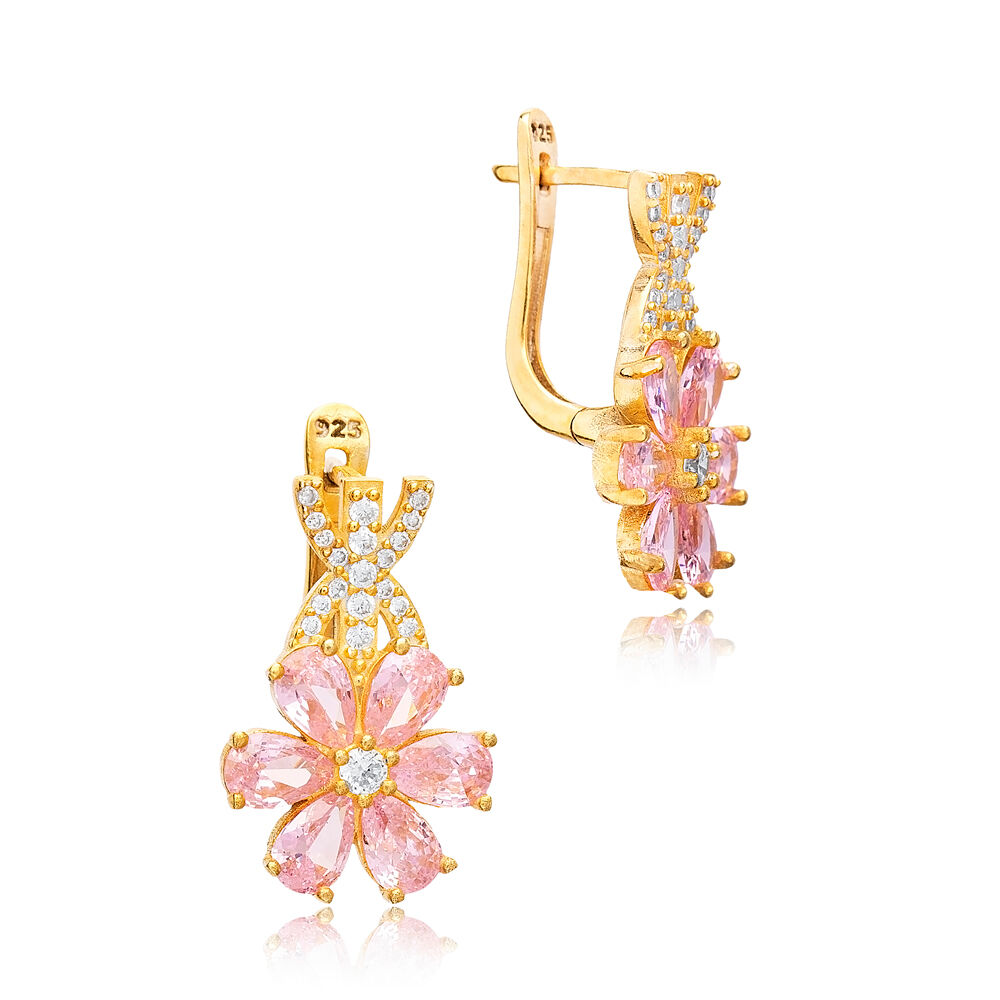 Pink Quartz CZ Stone Flower Design Dangle Earring 925 Silver Turkish Wholesale Jewelry