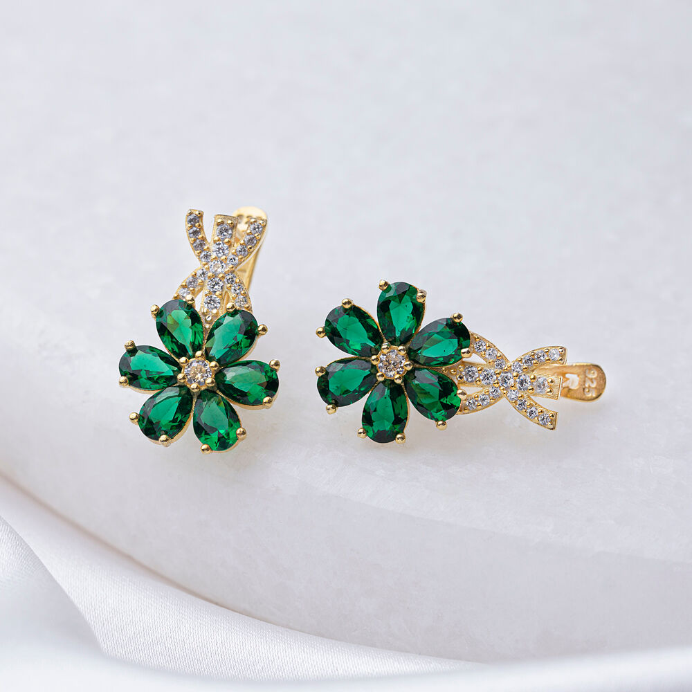 Dainty Flower Design Emerald CZ Stone Turkish 925 Silver Wholesale Handcrafted WomenJewelry