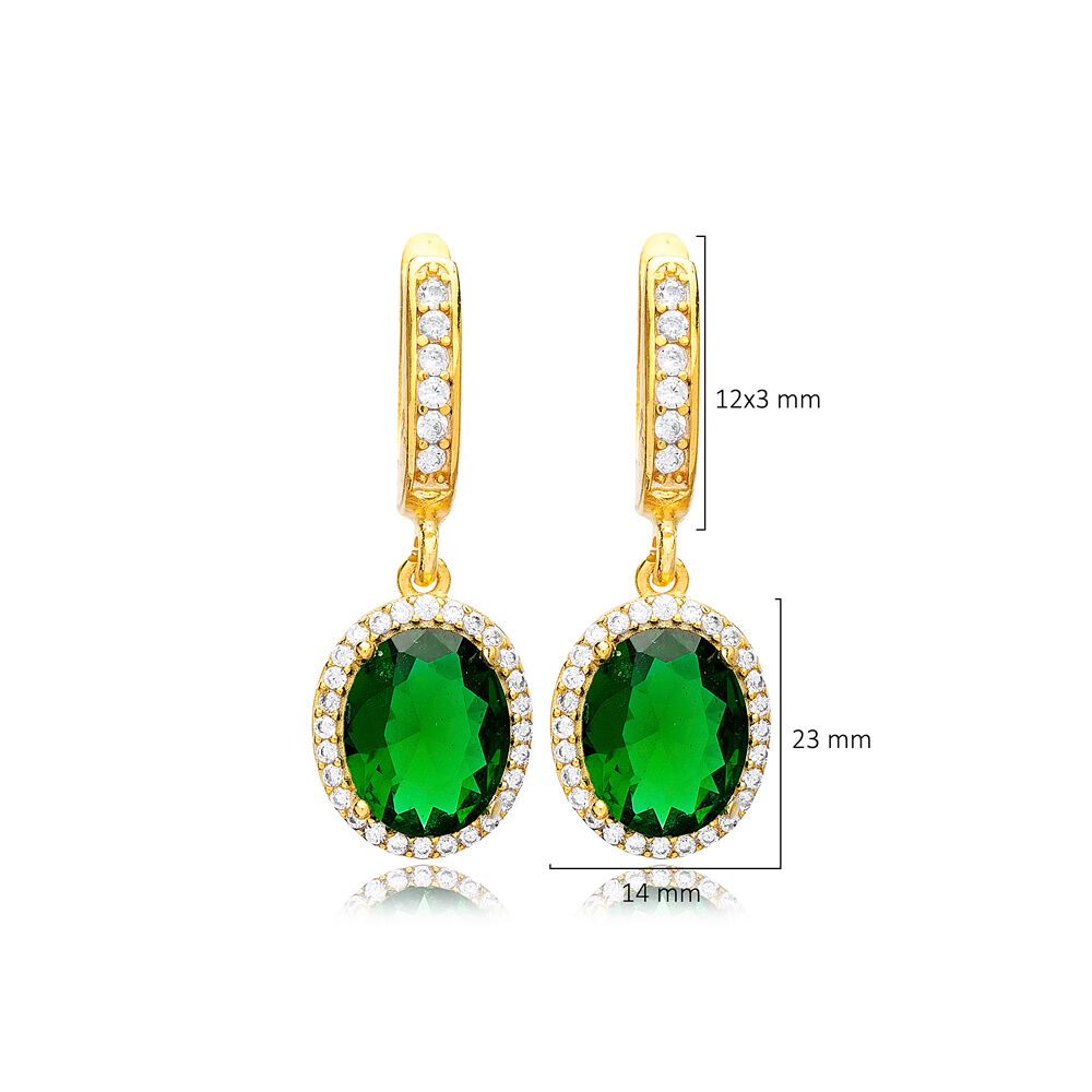 Oval Shape Emerald CZ Stone Dangle Earring Fashion Jewelry Turkish Wholesale Handcrafted 925 Silver