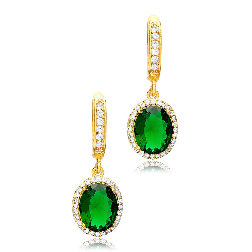 Oval Shape Emerald CZ Stone Dangle Earring Fashion Jewelry Turkish Wholesale Handcrafted 925 Silver