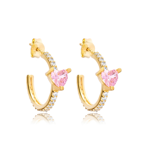 Pink Quartz CZ Stone Hoop Earring Heart Shape 925 Sterling Silver Jewelry Turkish Wholesale