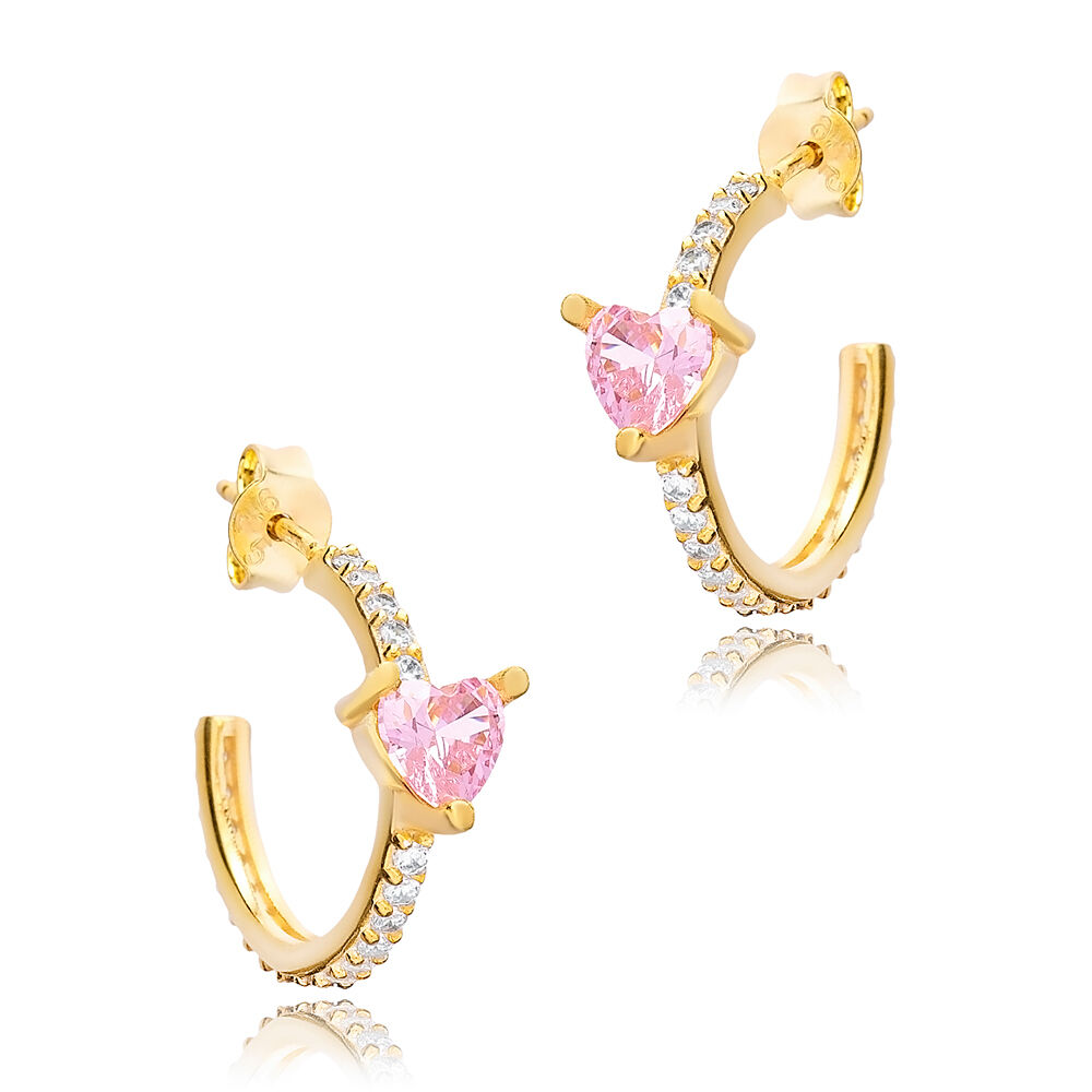 Pink Quartz CZ Stone Hoop Earring Heart Shape 925 Sterling Silver Jewelry Turkish Wholesale